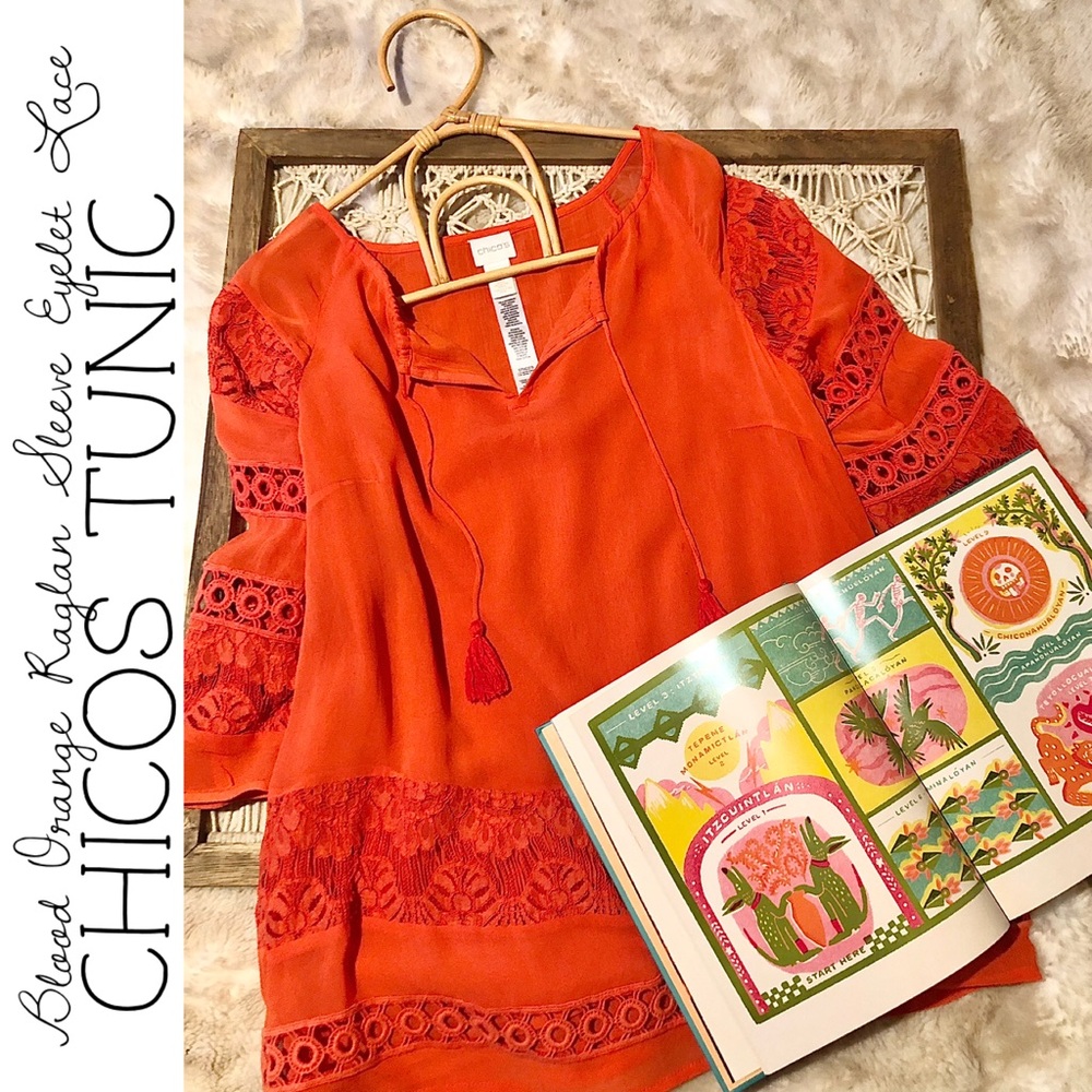 Chico’s Blood Orange Raglan Sleeve Lace Tunic Top